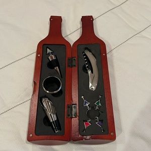 Wooden Wine Bottle Shaped Box w/Corkscrew, Collar, Aerator, Charms & Stopper
